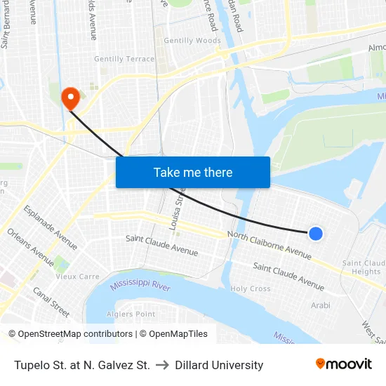 Tupelo St. at N. Galvez St. to Dillard University map