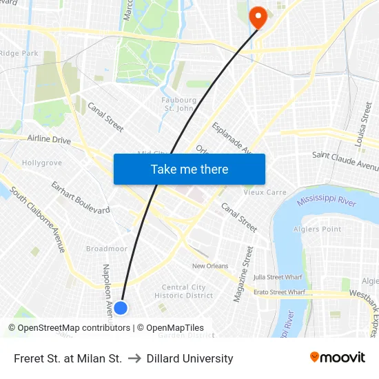 Freret St. at Milan St. to Dillard University map