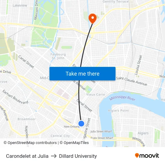 Carondelet at Julia to Dillard University map