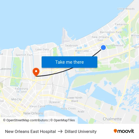 New Orleans East Hospital to Dillard University map