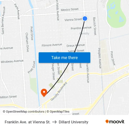 Franklin Ave. at Vienna St. to Dillard University map