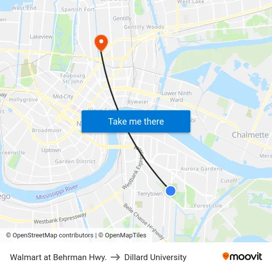 Walmart at Behrman Hwy. to Dillard University map
