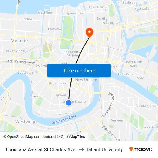 Louisiana Ave. at St Charles Ave. to Dillard University map