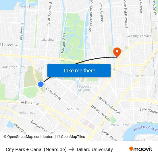 City Park + Canal (Nearside) to Dillard University map