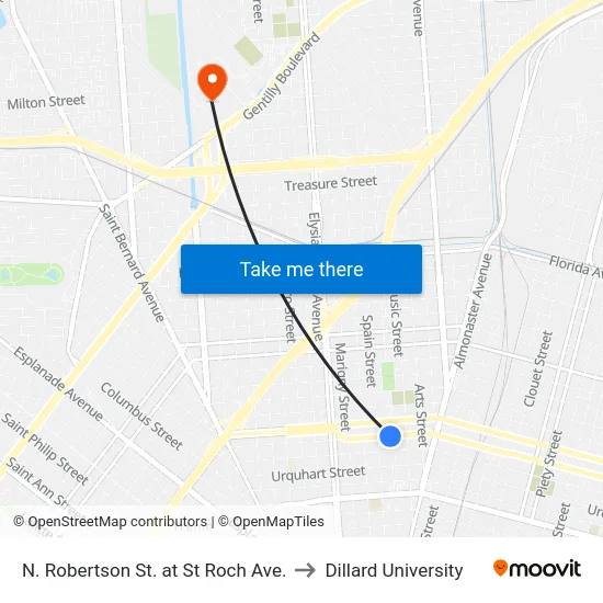 N. Robertson St. at St Roch Ave. to Dillard University map