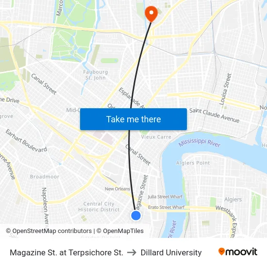 Magazine St. at Terpsichore St. to Dillard University map