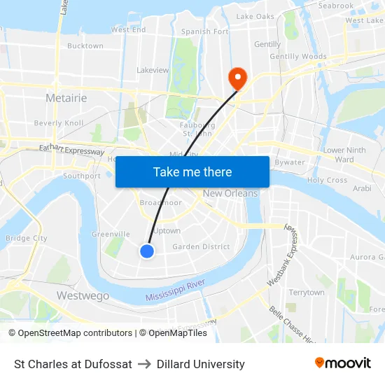 St Charles at Dufossat to Dillard University map