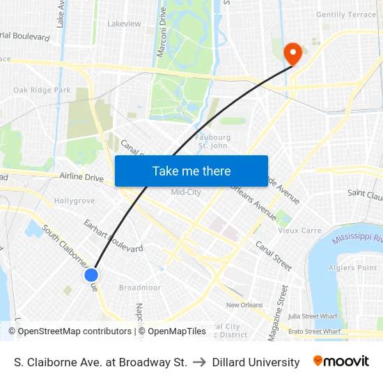 S. Claiborne Ave. at Broadway St. to Dillard University map