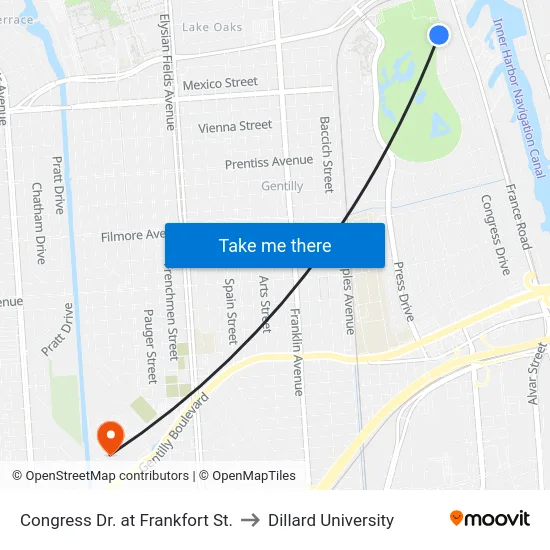 Congress Dr. at Frankfort St. to Dillard University map
