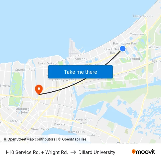 I-10 Service Rd. + Wright Rd. to Dillard University map