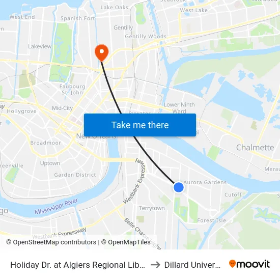 Holiday Dr. at Algiers Regional Library to Dillard University map