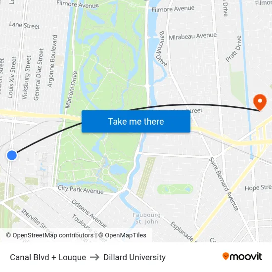 Canal Blvd + Louque to Dillard University map