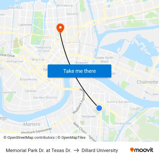 Memorial Park Dr. at Texas Dr. to Dillard University map