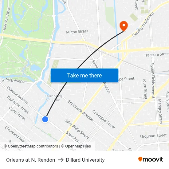 Orleans at N. Rendon to Dillard University map