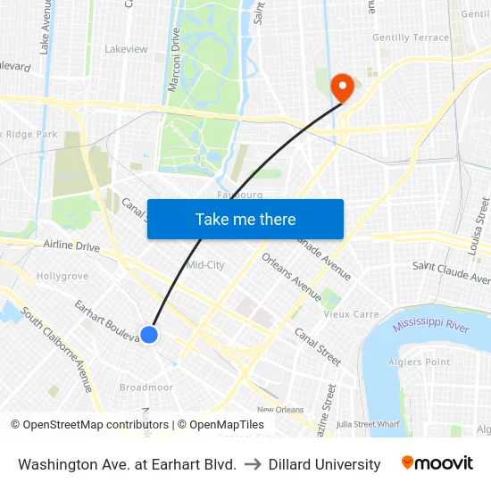Washington Ave. at Earhart Blvd. to Dillard University map