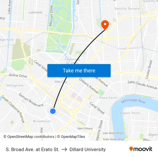 S. Broad Ave. at Erato St. to Dillard University map