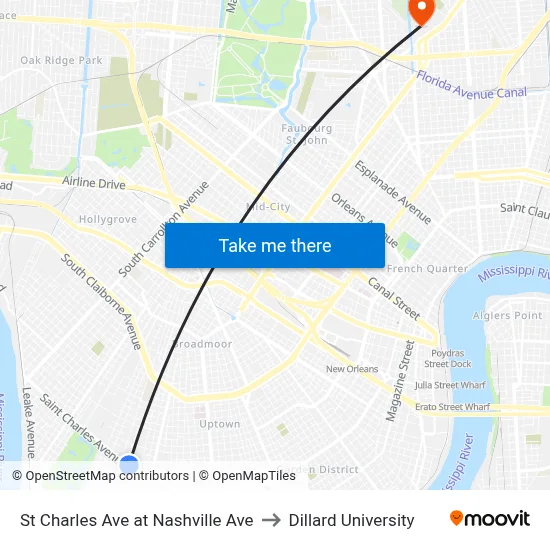 St Charles Ave at Nashville Ave to Dillard University map