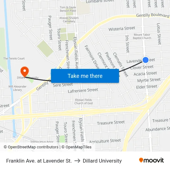Franklin Ave. at Lavender St. to Dillard University map
