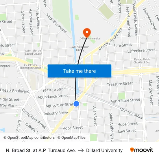 N. Broad St. at A.P. Tureaud Ave. to Dillard University map