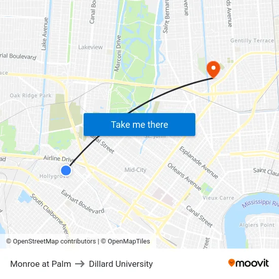 Monroe at Palm to Dillard University map