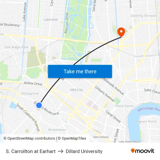 S. Carrollton at Earhart to Dillard University map