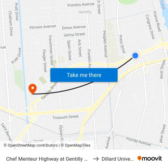 Chef Menteur Highway at Gentilly Walmart to Dillard University map