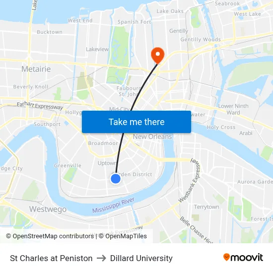 St Charles at Peniston to Dillard University map