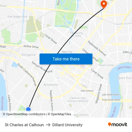 St Charles at Calhoun to Dillard University map