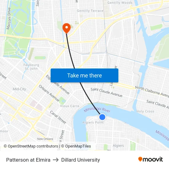 Patterson at Elmira to Dillard University map