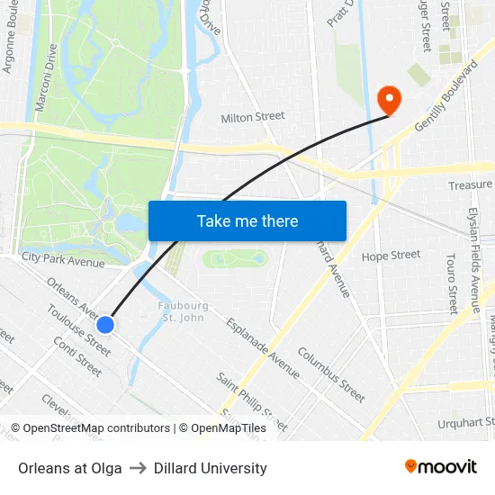 Orleans at Olga to Dillard University map