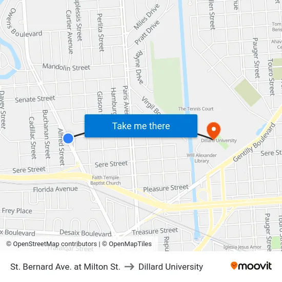 St. Bernard Ave. at Milton St. to Dillard University map