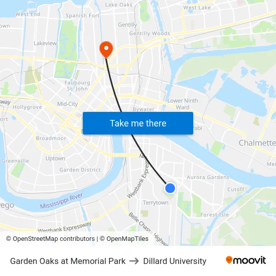 Garden Oaks at Memorial Park to Dillard University map