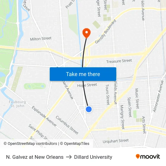 N. Galvez at New Orleans to Dillard University map