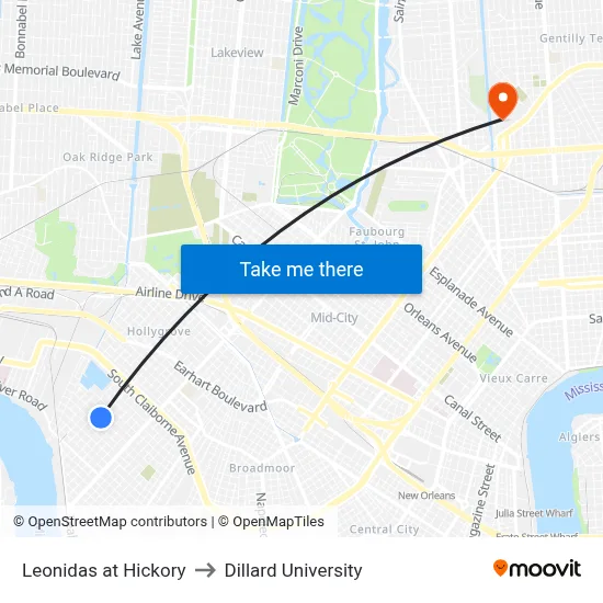 Leonidas at Hickory to Dillard University map