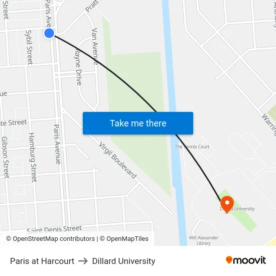 Paris at Harcourt to Dillard University map