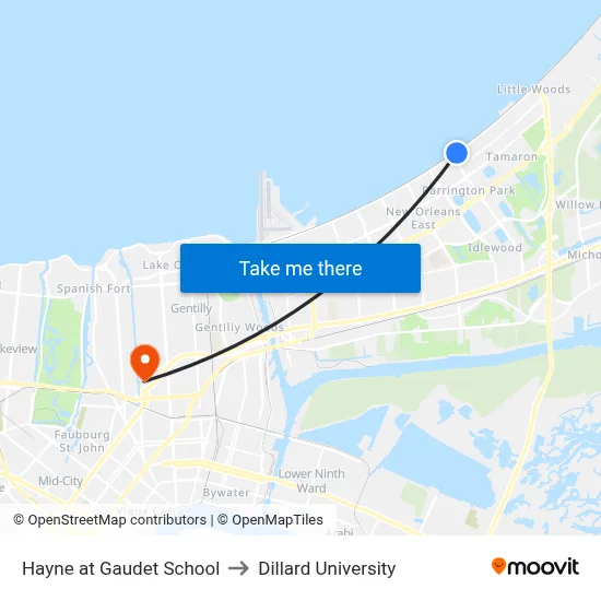 Hayne at Gaudet School to Dillard University map