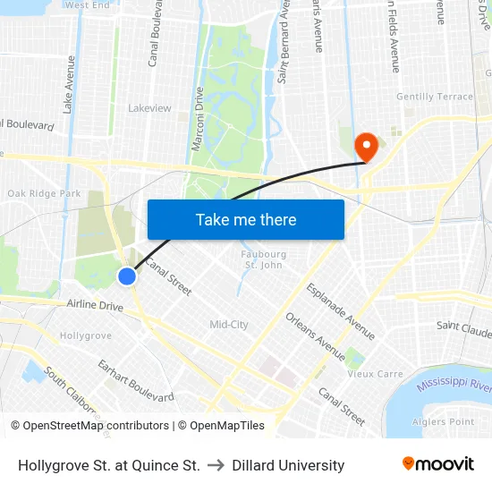 Hollygrove St. at Quince St. to Dillard University map