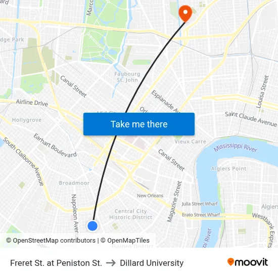 Freret St. at Peniston St. to Dillard University map
