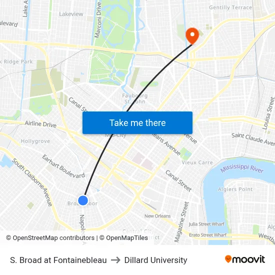 S. Broad at Fontainebleau to Dillard University map