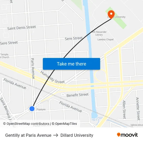 Gentilly at Paris Avenue to Dillard University map