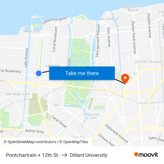 Pontchartrain + 12th St. to Dillard University map