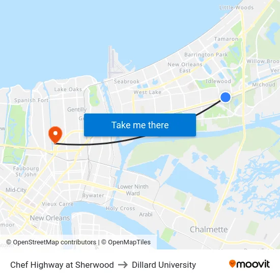 Chef Highway at Sherwood to Dillard University map