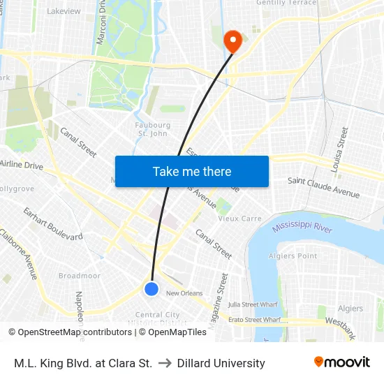 M.L. King Blvd. at Clara St. to Dillard University map