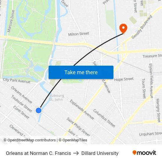 Orleans at Norman C. Francis to Dillard University map