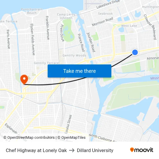 Chef Highway at Lonely Oak to Dillard University map