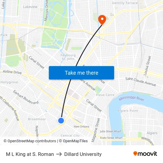 M L King at S. Roman to Dillard University map