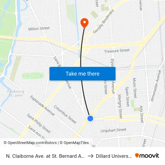 N. Claiborne Ave. at St. Bernard Ave. to Dillard University map