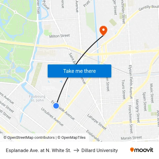 Esplanade Ave. at N. White St. to Dillard University map