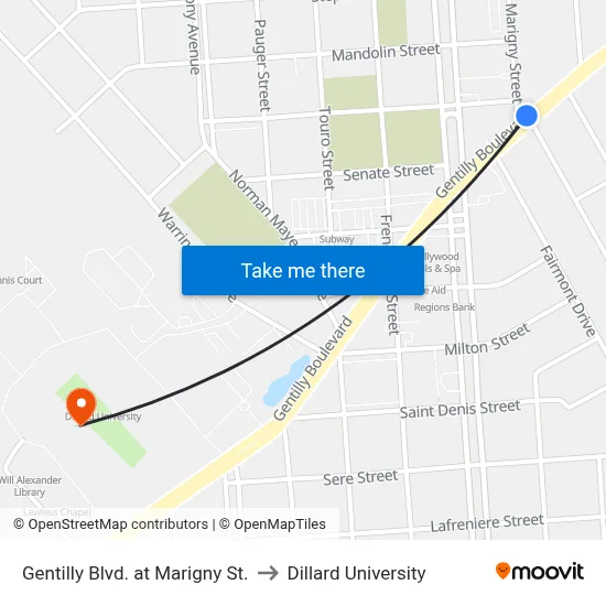 Gentilly Blvd. at Marigny St. to Dillard University map