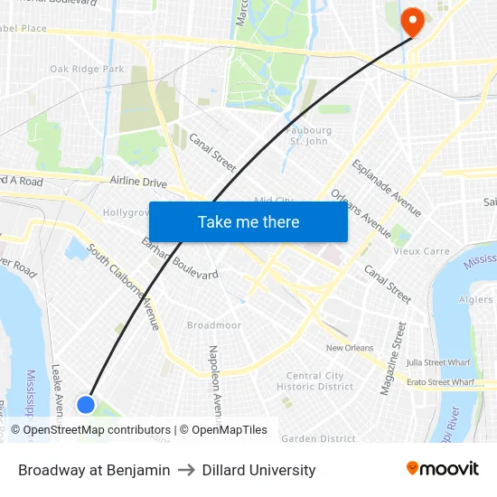 Broadway at Benjamin to Dillard University map